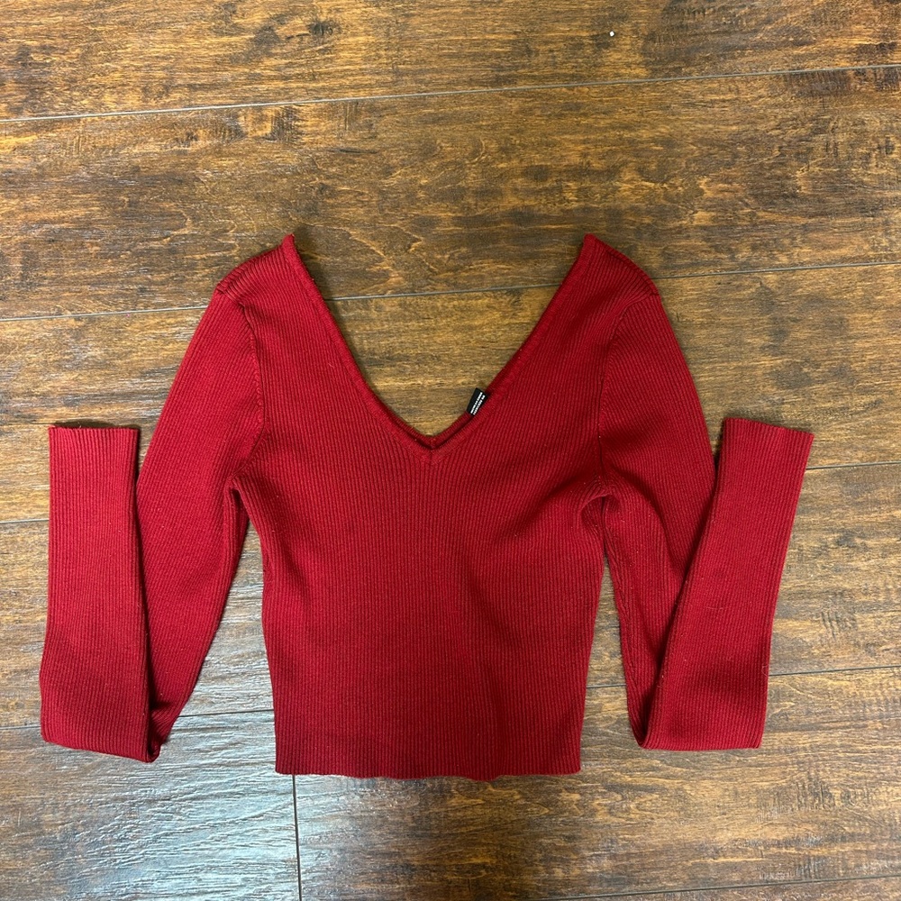 Deep Red Ribbed V-Neck Sweater
